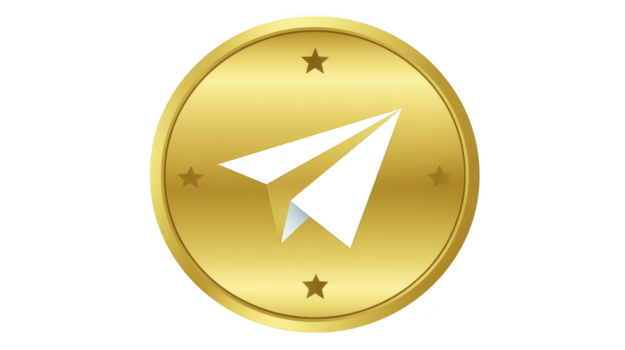 ouro moeda com papel avião ícone quatro estrelas volta forma metálico textura simbolizando comunicação digital moeda moderno Projeto isolado em transparência fundo png