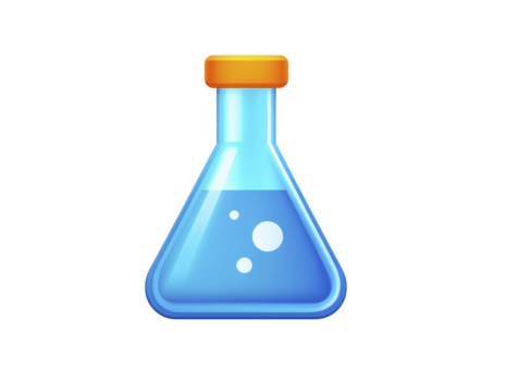 blu laboratorio borraccia con arancia berretto, pieno con liquido e bolle, isolato su trasparente sfondo, che rappresentano scienza, chimica, e sperimentazione nel moderno, digitale stile png