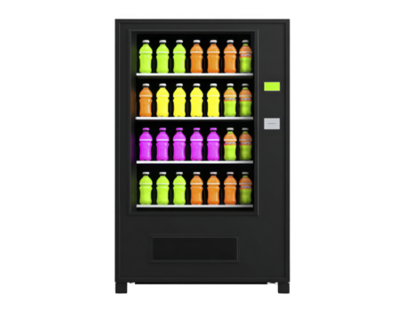 vending macchina con colorato plastica bottiglie di succo, acqua, e morbido bere, illuminato scaffali, moderno disegno, conveniente per pubblico spazi, isolato su trasparenza sfondo png
