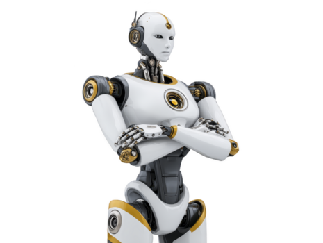 futurista humanoide robot con blanco y oro cuerpo, avanzado artificial inteligencia, en pie con brazos cruzado, confidente y sin emociones expresión, aislado en transparencia antecedentes png