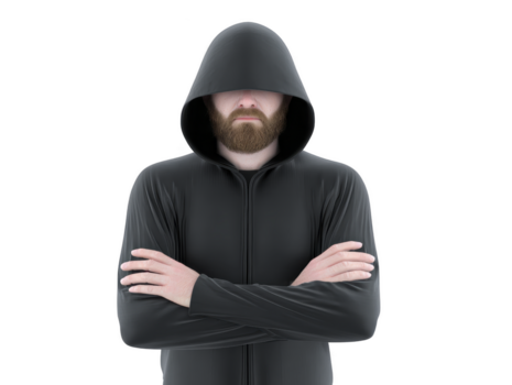 homem de capuz Preto Jaqueta barba misterioso sério braços cruzado isolado misterioso barbudo homem Preto encapuzado Jaqueta carrinhos com braços cruzado exalando sério e confiante expressão isolado png