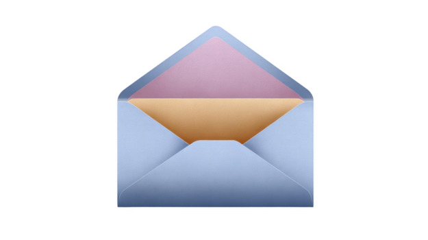 Open blue envelope with pastel pink and yellow paper inside, isolated on transparent background, symbolizing communication, invitation, or message, with clean and minimalistic style png