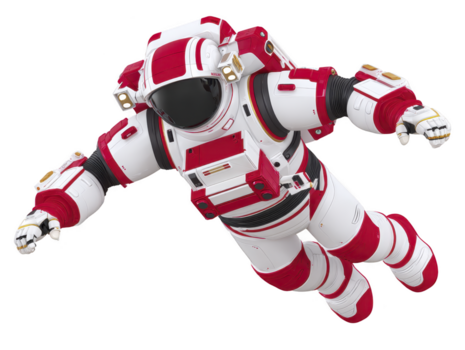 Astronaut in futuristic red and white spacesuit floating in zero gravity, isolated on transparent background, conveying exploration and adventure in outer space png