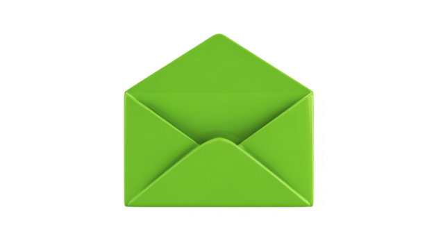 Green envelope open paper mail isolated on transparency background simple stationery communication invitation cheerful mood modern design blank no text vibrant color png