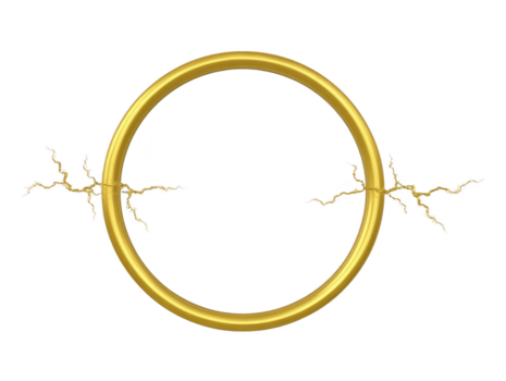 Golden ring with electric lightning effect, circular frame, glowing energy, isolated on transparent background, modern digital design, dynamic and powerful png