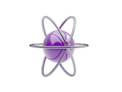 viola sfera con metallico orbita anelli, astratto 3d atomo modello, isolato su trasparenza sfondo, moderno scienza concetto, futuristico e creativo disegno, pulito e minimo stile png