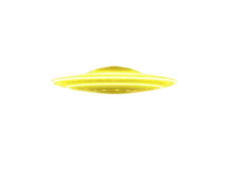 Yellow flying saucer glowing UFO isolated on transparent background futuristic spaceship science fiction mysterious hovering digital illustration imaginative outer space png
