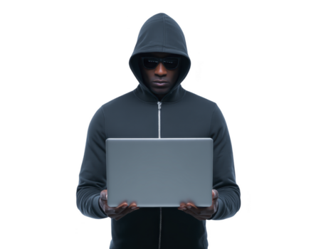 encapuzado homem segurando computador portátil, isolado transparência fundo, representando cyber segurança, hackear, e tecnologia ameaça, com sério expressão e Sombrio roupas, conceito do conectados privacidade png