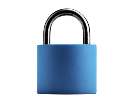 Blue padlock with metallic shackle, isolated on transparency background, symbolizing security, safety, and protection, suitable for concepts of privacy and access control png