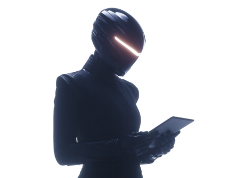 Futuristic robot humanoid figure digital tablet glowing visor advanced technology sleek suit artificial intelligence innovation cybernetic modern design. humanoid robot with glowing visor png