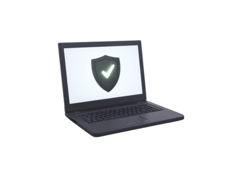 il computer portatile con sicurezza scudo icona e dai un'occhiata marchio su schermo, simboleggiante dati protezione, sicurezza informatica, sicuro Internet navigando, e sicuro in linea accesso nel moderno digitale spazio di lavoro png