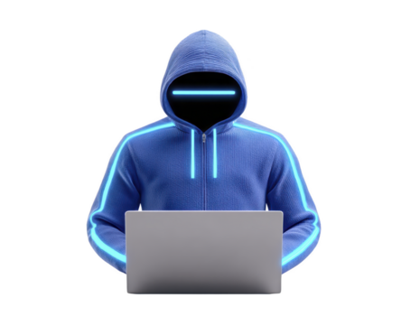 azul encapuzado figura com brilhando néon linhas senta às computador portátil, sem rosto e misterioso, representando cyber segurança, hackear, ou digital anonimato dentro futurista estilo png