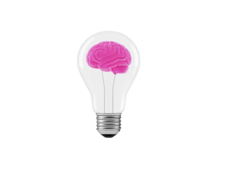 ligero bulbo con rosado cerebro adentro, simbolizando creativo idea, innovación, inteligencia, y imaginación, aislado en transparencia fondo, concepto de inteligente pensando y inspiración png