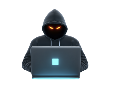 hacker dentro Sombrio moletom com capuz com brilhando olhos usando computador portátil, misterioso cyber Criminoso conceito, digital segurança ameaça, noite atmosfera, intenso foco png