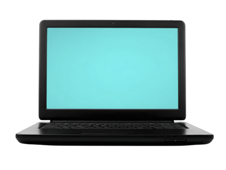 portable ordinateur avec Vide bleu filtrer, moderne noir carnet de notes, numérique dispositif pour Bureau ou Accueil espace de travail, isolé sur transparence Contexte png