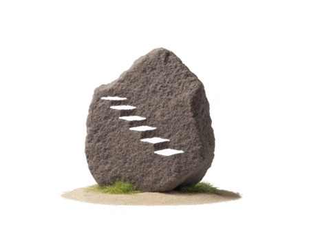 steen met gesneden trappenhuis, geïsoleerd Aan transparantie achtergrond, Kenmerken ruw structuur en natuurlijk kleur, symboliseert vooruitgang en groei, met groen gras en zand Bij baseren png
