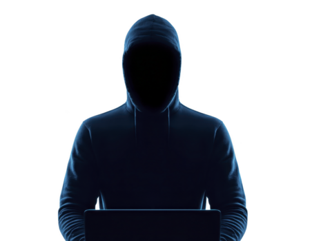 encapuzado figura silhueta misterioso hacker às computador transparência fundo cyber segurança ameaça digital crime anonimato tecnologia Internet Perigo secreto intenso humor png