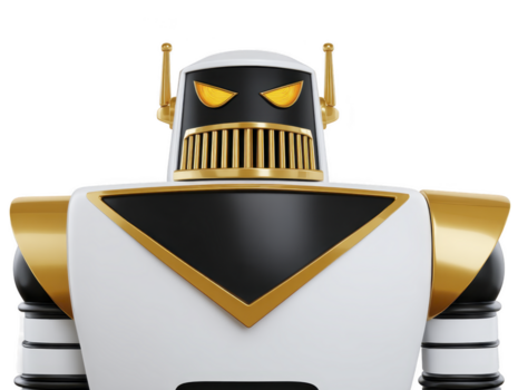 trogen robot med guld och svart accenter, vinkel- design, metallisk kropp, och akter uttryck, isolerat på genomskinlighet bakgrund, framkallar styrka och Avancerad teknologi png