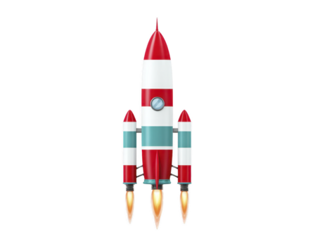 Red and white rocket with blue window and three engines launching with fiery exhaust, isolated on transparent background, symbolizing innovation and adventure png