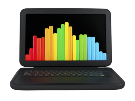 colorato bar grafico su il computer portatile schermo, digitale analisi, dati visualizzazione, attività commerciale crescita, tecnologia, e moderno spazio di lavoro concetto, veicolare senso di progresso e innovazione png
