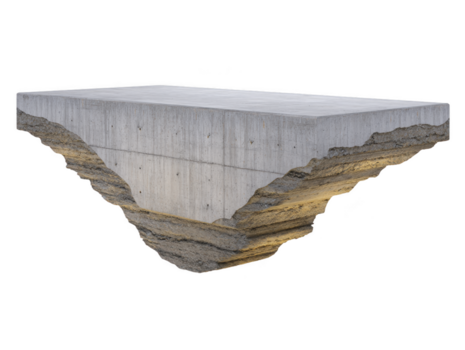 galleggiante calcestruzzo lastra con esposto attraversare sezione mostrando stratificato struttura di calcestruzzo e suolo isolato su trasparenza sfondo costruzione concetto moderno industriale realistico dettagliato pulito png