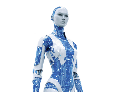 vrouw robot met blauw stroomkring patronen en wit schild, futuristische android met menselijk Leuk vinden gezicht en strak ontwerp, Geavanceerd technologie en kunstmatig intelligentie- concept png
