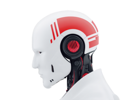 futuristico bianca e rosso robot testa con meccanico dettagli e elegante disegno, mostrando lato profilo di Avanzate tecnologia e artificiale intelligenza concetto png