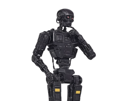 futuristische zwart robot met rood ogen in attent houding, geïsoleerd Aan transparant achtergrond, presentatie van gedetailleerd mechanisch ontwerp en humanoid Kenmerken png