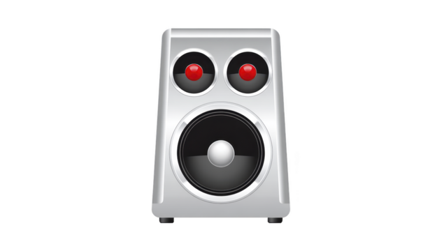 Silver speaker with two red tweeters and one large woofer, designed for clear and powerful sound output in modern audio systems png