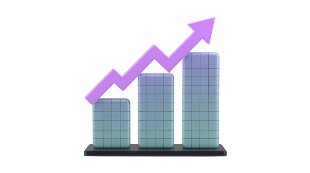 Rising bar chart with purple arrow showing growth and progress, symbolizing success and increasing data in modern style design png
