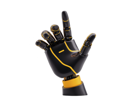 Robotic hand with black and yellow design showing gesture, symbolizing technology and futuristic innovation with sleek mechanical structure and articulated fingers png