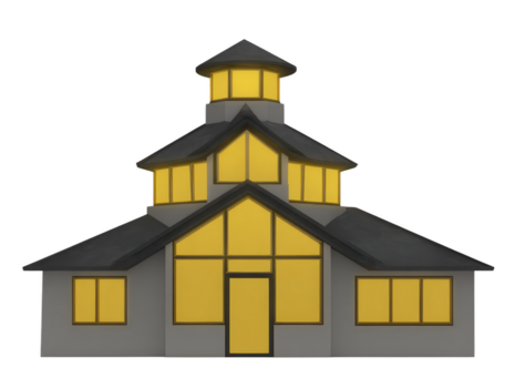 moderno Casa con giallo finestre e buio tetto, architettonico design con multiplo tetto livelli e luminosa finestra pannelli la creazione di caldo invitante atmosfera png