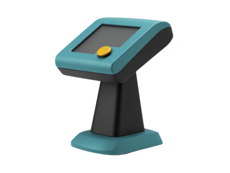 tela sensível ao toque quiosque com amarelo botão e azul quadro, projetado para interativo digital exibição e do utilizador interface dentro público ou comercial espaços png