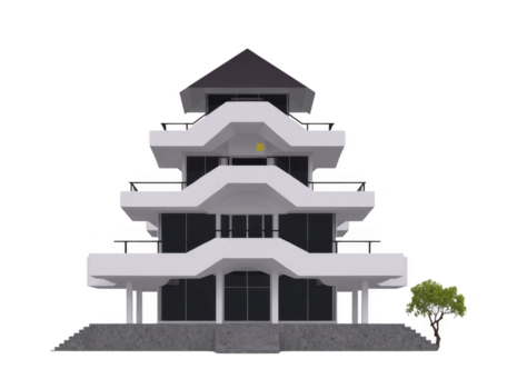 modern multi niveau gebouw met wit balkons en donker ramen, met klein boom Aan kant, ontworpen met schoon lijnen en meetkundig vormen in minimalistische stijl png