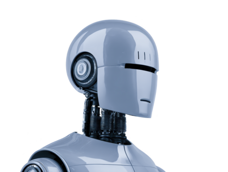 futuristico robot testa con liscio metallico superficie e meccanico collo parti, elegante design con visiera piace occhio fessura, isolato trasparenza sfondo, veicolare Avanzate tecnologia e artificiale png