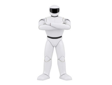 blanco futurista robot en pie con brazos cruzado, moderno humanoide androide con pulcro diseño y negro visera, aislado en transparencia antecedentes png