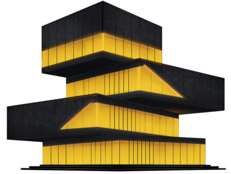 moderno arquitetura construção com brilhando amarelo janelas empilhado dentro geométrico formas, criando futurista e vibrante noite cena com afiado linhas e Sombrio exterior png