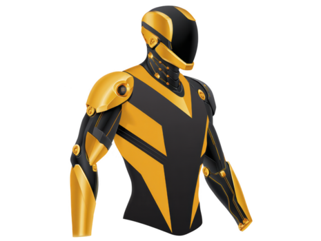 futurista robot con pulcro negro y amarillo armadura, presentando suave curvas y mecánico articulaciones, en pie en confidente actitud con moderno diseño y lustroso terminar png