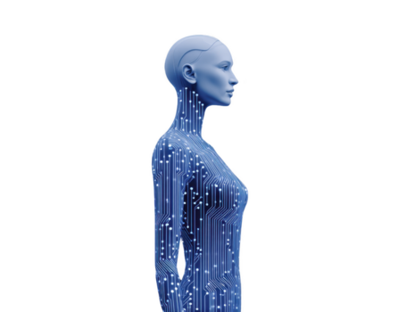 kunstmatig intelligentie- concept met futuristische vrouw robot in profiel visie, met digitaal stroomkring patronen Aan blauw lichaam, symboliseert technologie en innovatie png