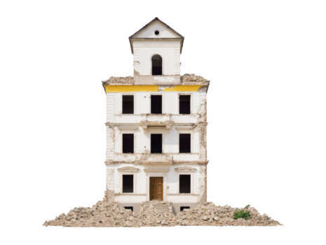 danneggiato vecchio edificio con macerie intorno a, mostrando segni di decadimento e distruzione, isolato su trasparenza sfondo con rotto finestre e fatiscente muri png