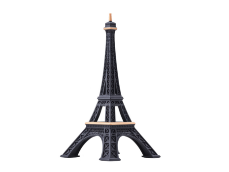 Miniature model of famous iron lattice tower with intricate design and dark color, standing isolated on transparent background, showcasing architectural beauty and detailed structure png