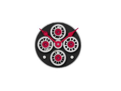 mekanisk klocka ansikte med synlig röd och vit växlar, genomskinlighet bakgrund, och röd klocka händer, visa upp industriell stil och precision teknik i modern, minimalistisk design png