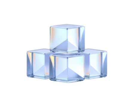 quattro trasparente bicchiere cubi con riflessivo superficie impilati nel piramide forma, visualizzazione moderno e minimalista stile con pulire, futuristico, e elegante aspetto png