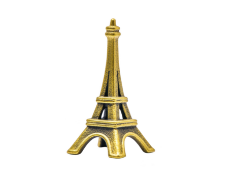 Golden miniature Eiffel Tower souvenir with textured surface isolated on transparency background, symbolizing travel and iconic architecture with elegant metallic finish png