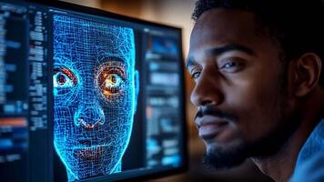 Mens onderzoekt een 3d wireframe gezicht Aan computer scherm video