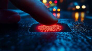 finger läser in lysande röd fingeravtryck på sensor i mörk miljö med suddig lampor video