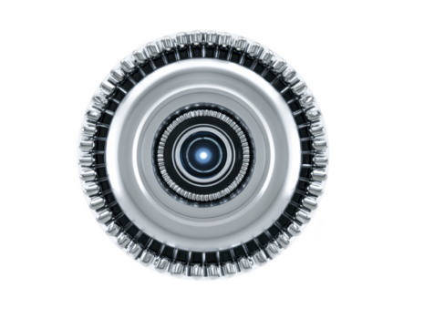 futuristico metallico circolare oggetto con raggiante blu centro astratto tecnologia design simmetrico modello alto Tech moderno innovazione digitale energia sci fi isolato png