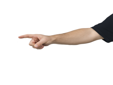 Pointing hand gesture with extended index finger, isolated on transparency background, close up of adult male arm in black sleeve, communication and direction concept, expressive and assertive pose png