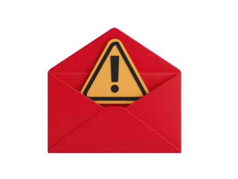 Red envelope with yellow warning sign featuring exclamation mark, symbolizing urgent message, alert, or caution notification, isolated on transparency background png
