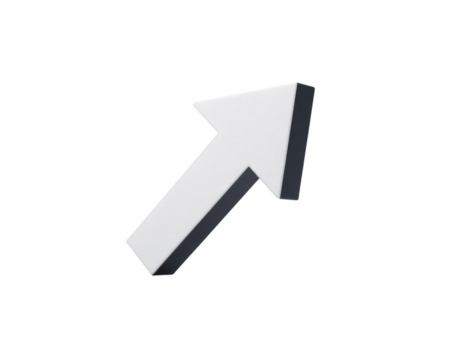 White arrow upward diagonal isolated shadow 3D simple direction symbol minimal White 3D arrow pointing diagonally upward with shadow isolated transparent background symbolizing direction progress png